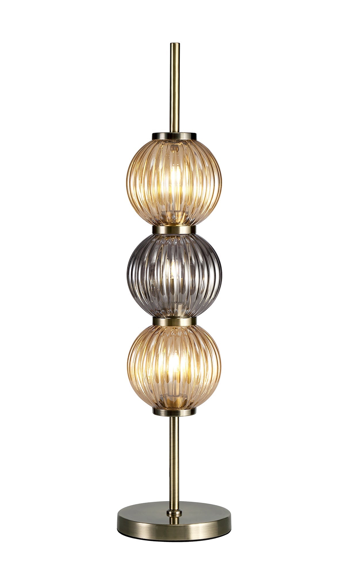 Quarry Table Lamp, 3 x G9, Antique Brass and Smoked & Amber Glass