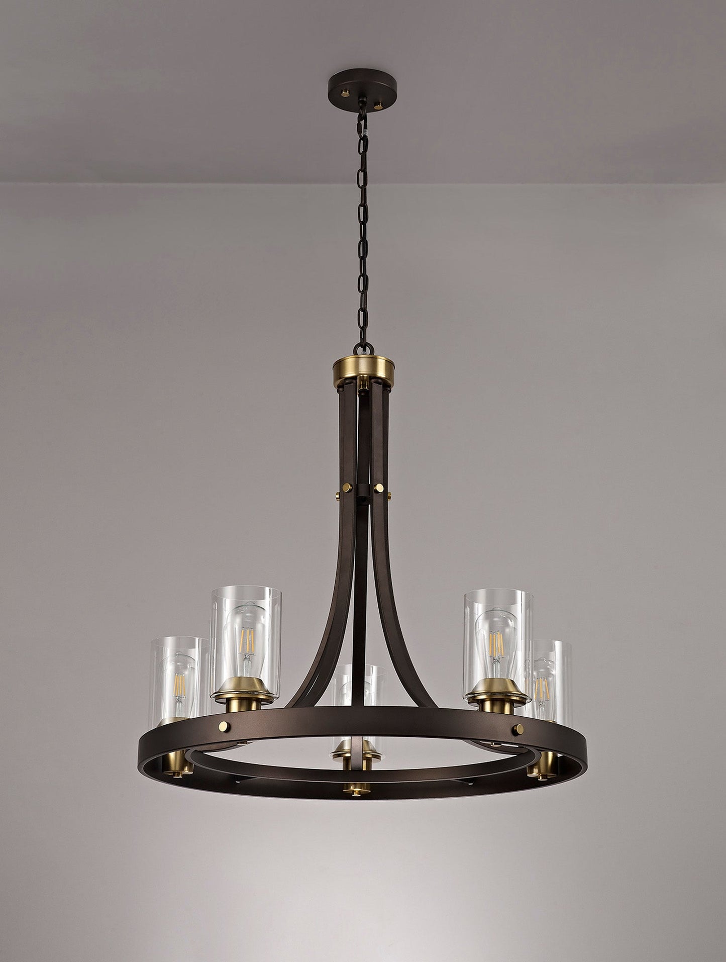 Roebuck Pendant 5 Light E27, Brown Oxide and Bronze With Clear Glass Shades