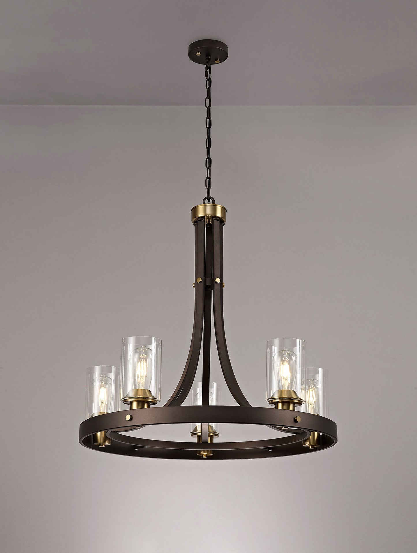 Roebuck Pendant 5 Light E27, Brown Oxide and Bronze With Clear Glass Shades