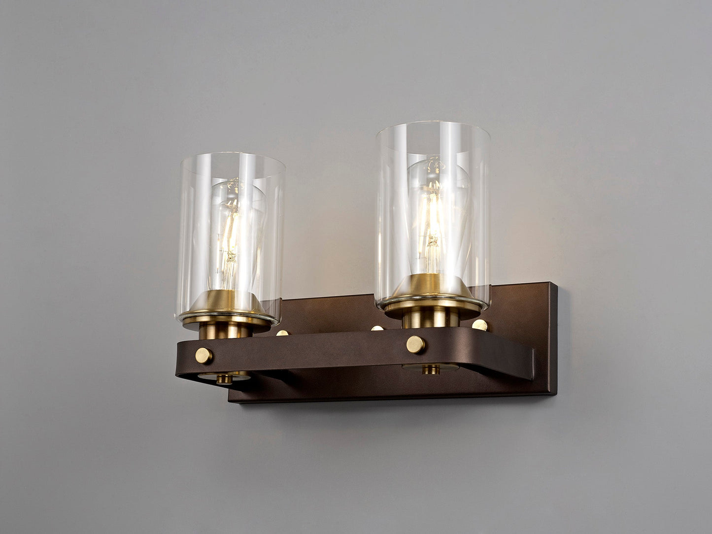 Roebuck Wall Lamp 2 Light E27, Brown Oxide and Bronze With Clear Glass Shades