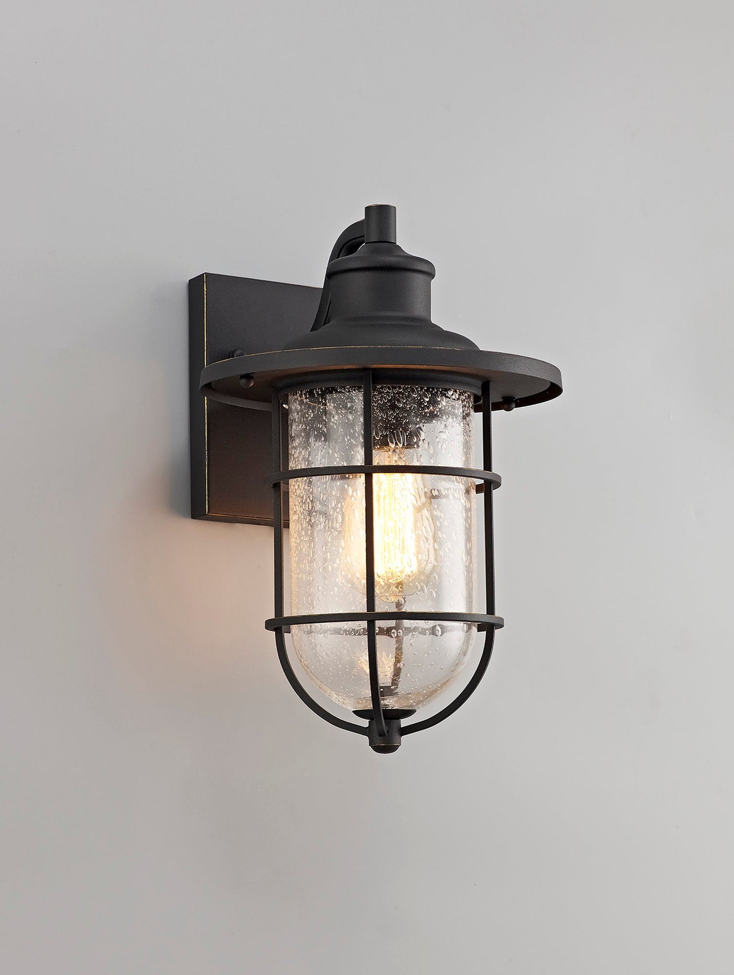 Rostherne Wall Lamp, 1 x E27, Black and Gold With Seeded Clear Glass, IP54, 2yrs Warranty