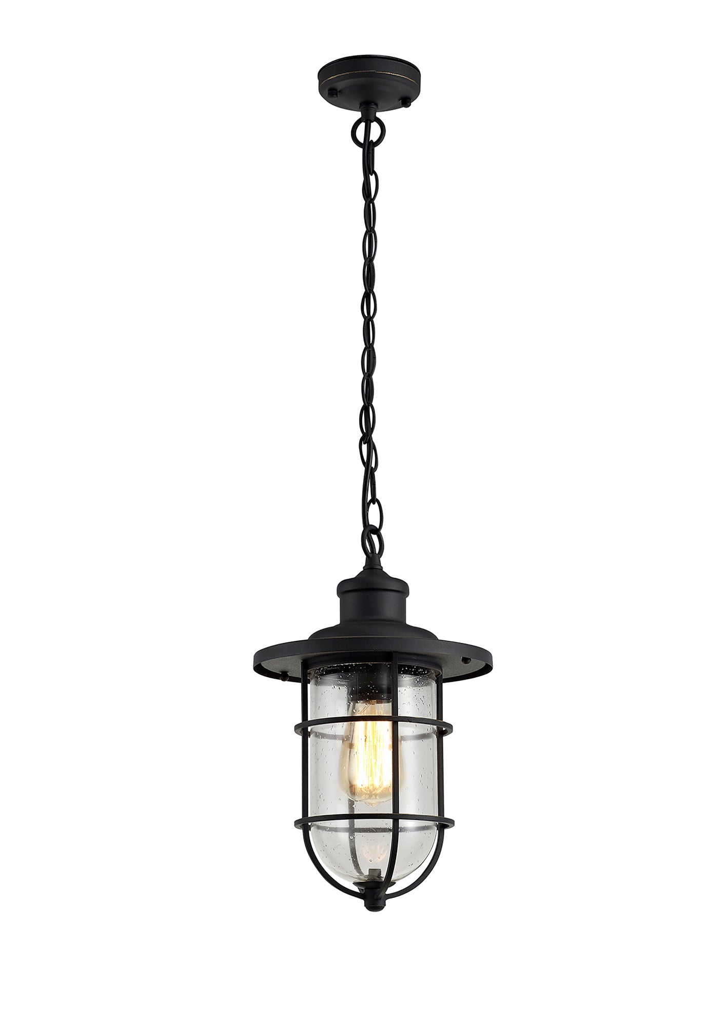 Rostherne Pendant, 1 x E27, Black and Gold With Seeded Clear Glass, IP54, 2yrs Warranty