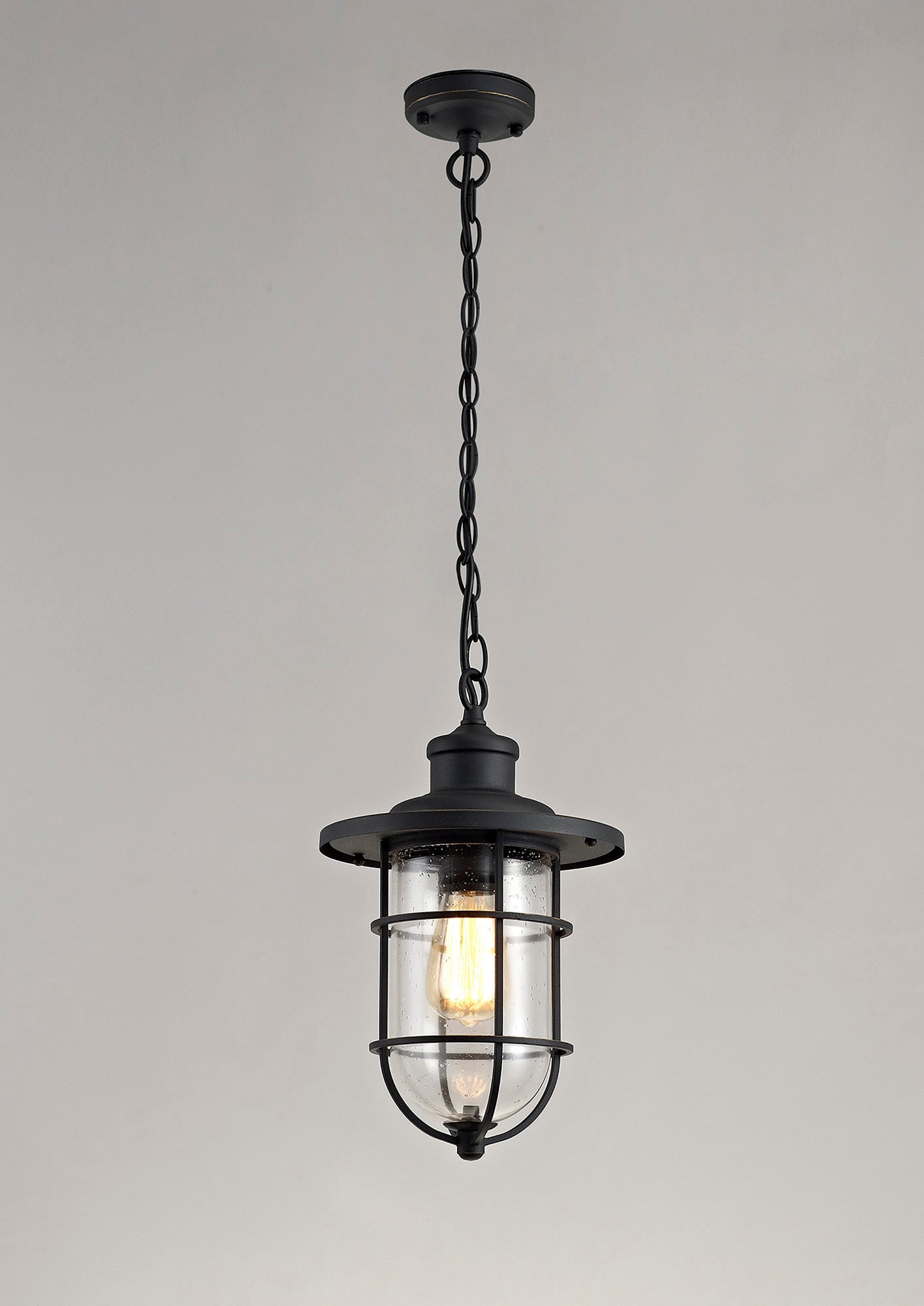 Rostherne Pendant, 1 x E27, Black and Gold With Seeded Clear Glass, IP54, 2yrs Warranty