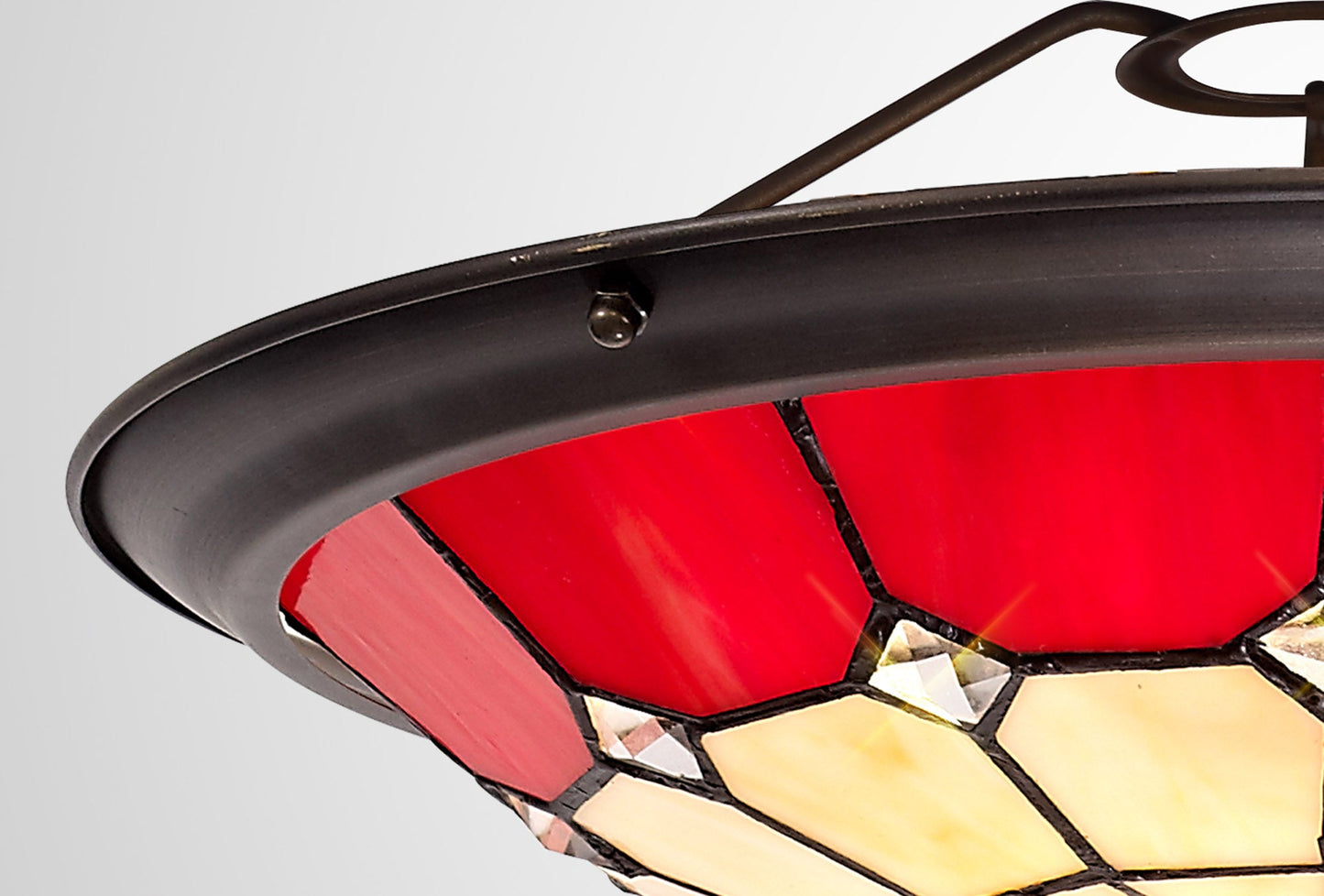 Saltney, Tiffany 35cm Non-electric Uplighter Shade, Cream and Red and Clear Crystal Centre and Aged Antique Brass Trim