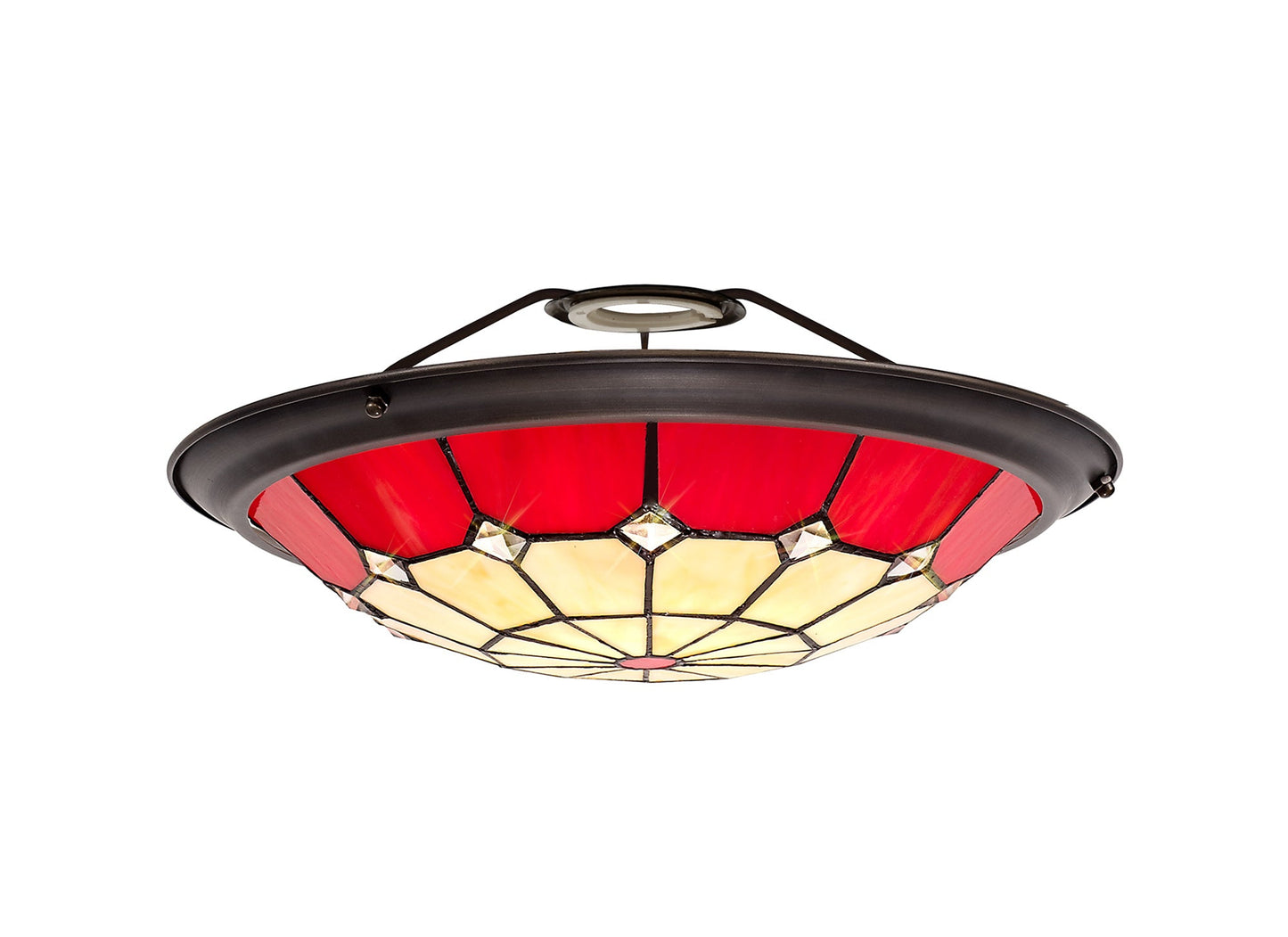 Saltney, Tiffany 35cm Non-electric Uplighter Shade, Cream and Red and Clear Crystal Centre and Aged Antique Brass Trim