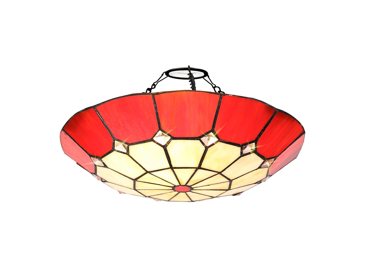 Saltney 1 Light Pendant E27 With 35cm Tiffany Shade, Cream and Red and Clear Crystal Centre and Aged Antique Brass Trim and Black