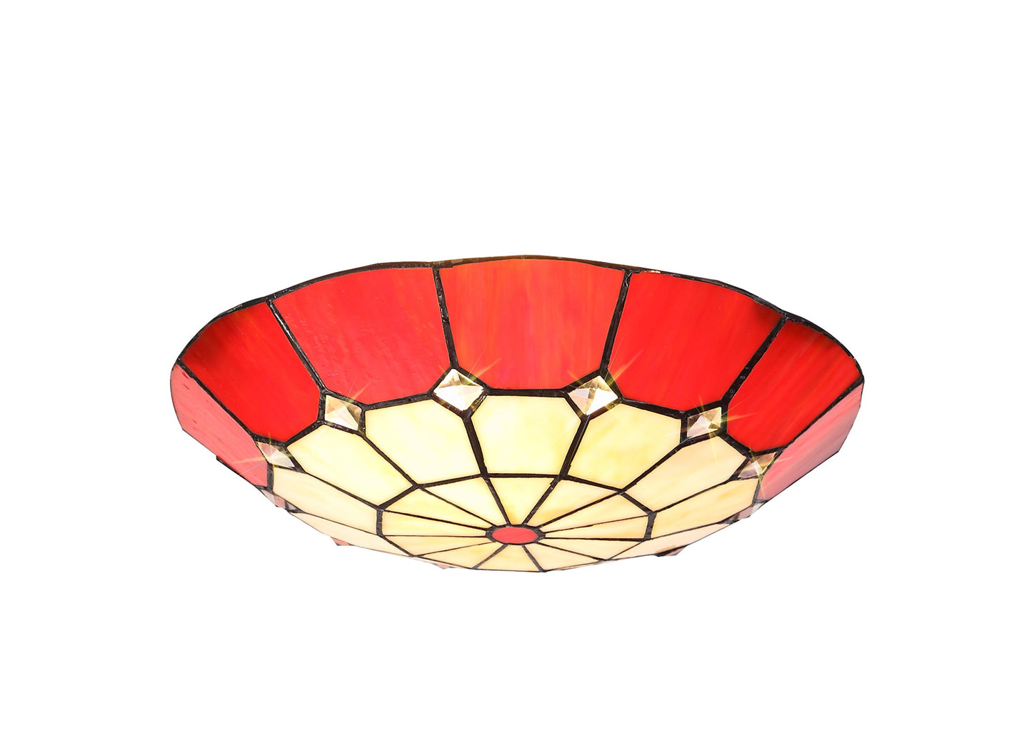 Saltney, Tiffany 35cm Non-electric Uplighter Shade, Cream and Red and Clear Crystal Centre and Aged Antique Brass Trim