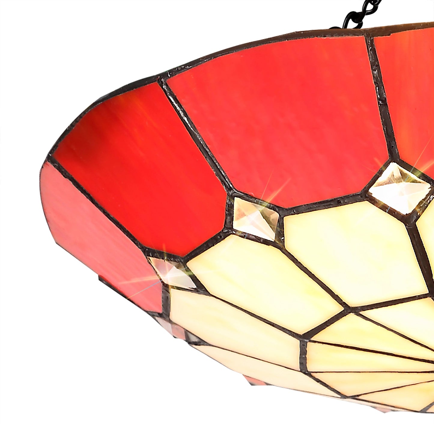 Saltney, Tiffany 35cm Non-electric Uplighter Shade, Cream and Red and Clear Crystal Centre and Aged Antique Brass Trim