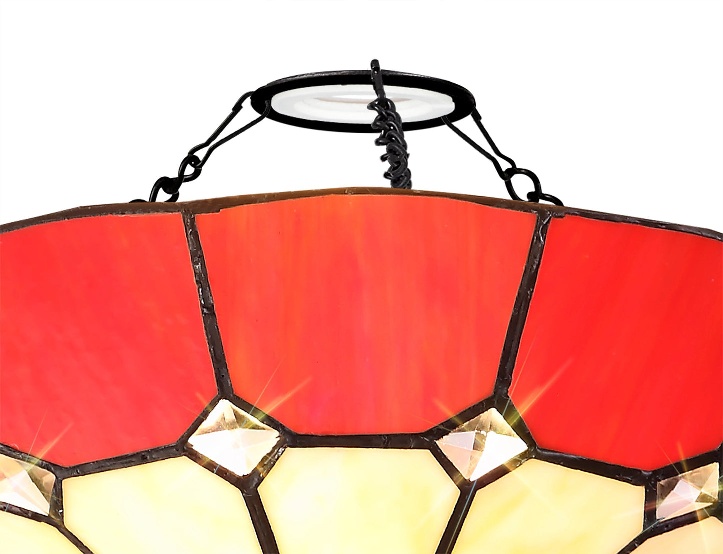 Saltney, Tiffany 35cm Non-electric Uplighter Shade, Cream and Red and Clear Crystal Centre and Aged Antique Brass Trim