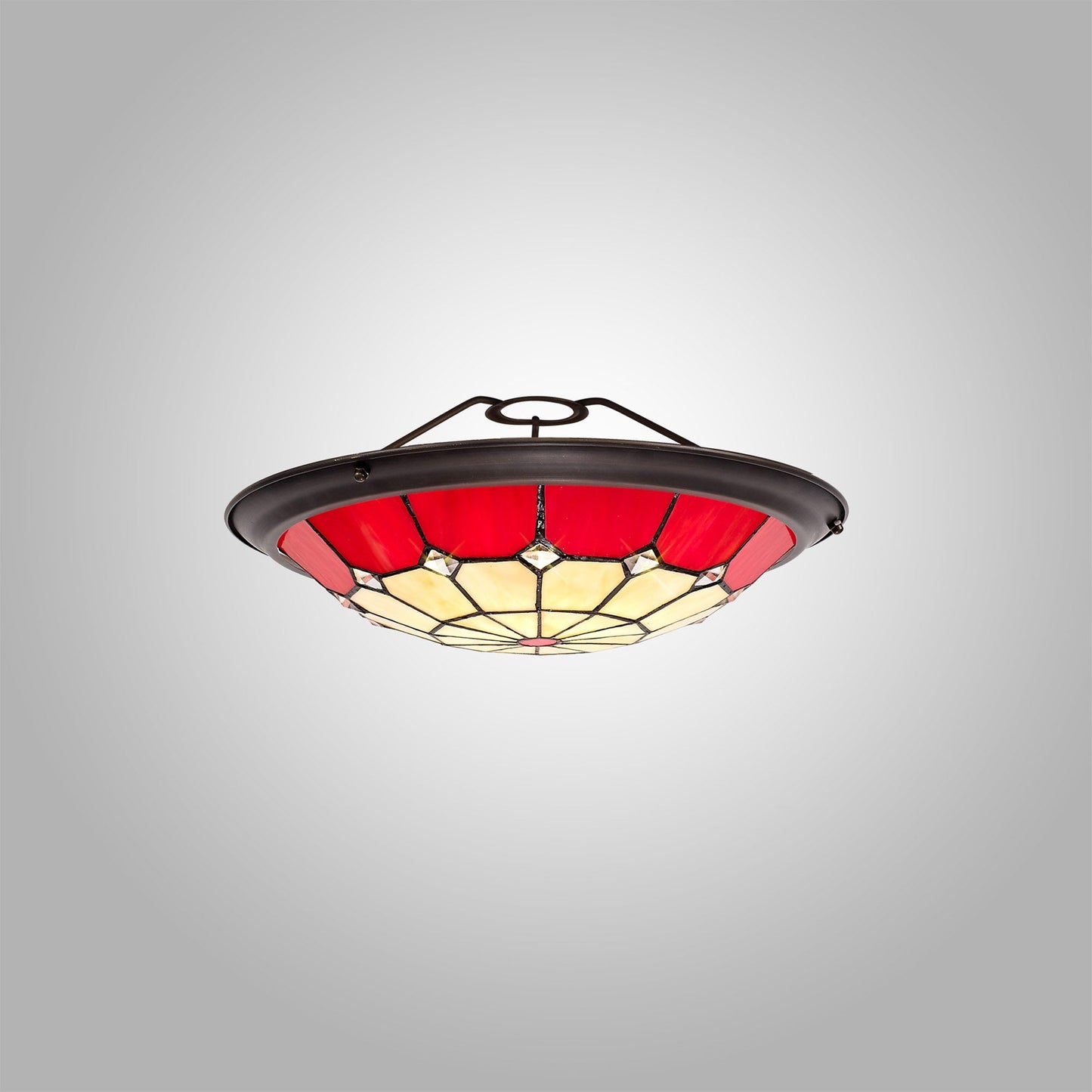 Saltney, Tiffany 35cm Non-electric Uplighter Shade, Cream and Red and Clear Crystal Centre and Aged Antique Brass Trim