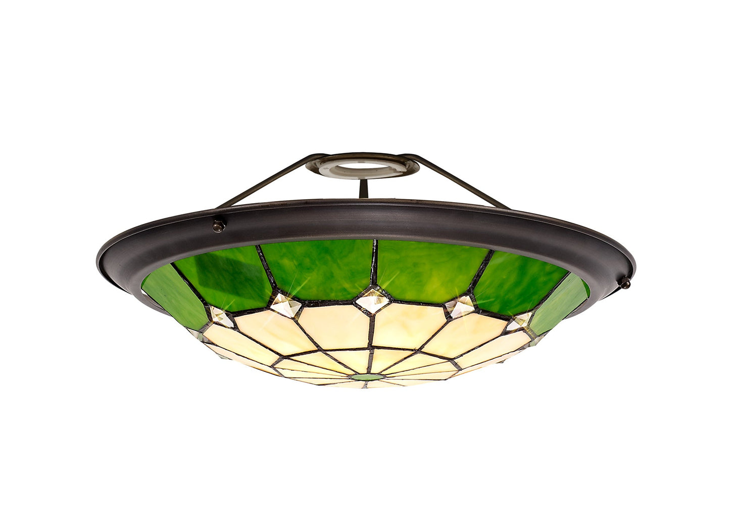 Saltney, Tiffany 35cm Non-Electric Uplighter Shade, Cream and Green and Clear Crystal Centre and Aged Antique Brass Trim