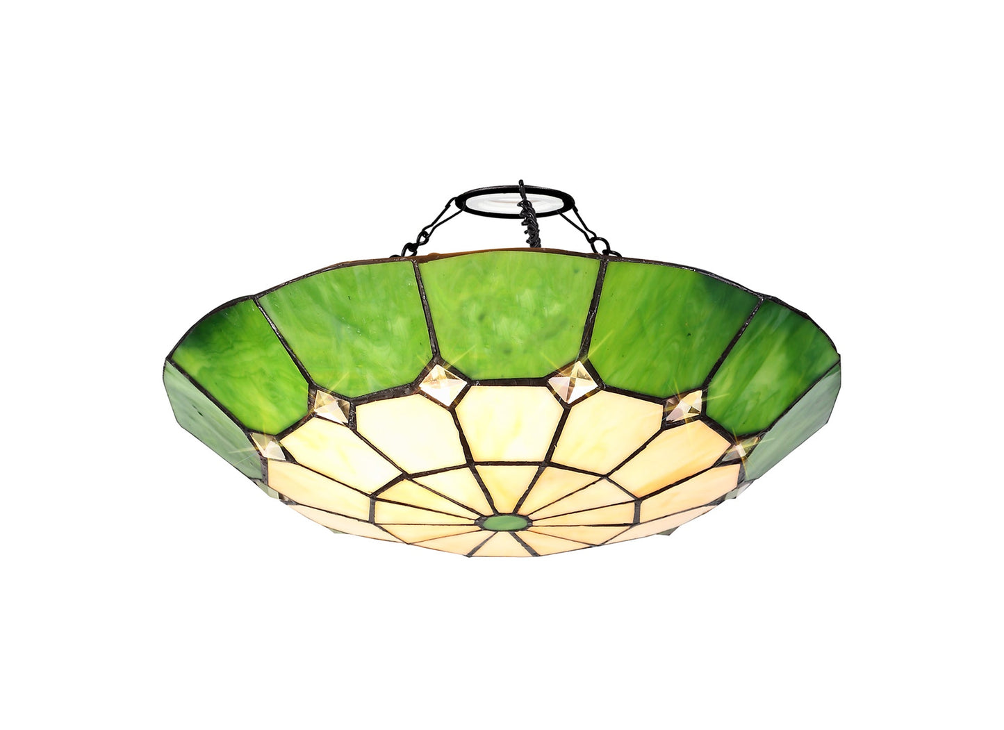 Saltney 1 Light Pendant E27 With 35cm Tiffany Shade, Cream and Green and Clear Crystal Centre and Aged Antique Brass Trim and Black