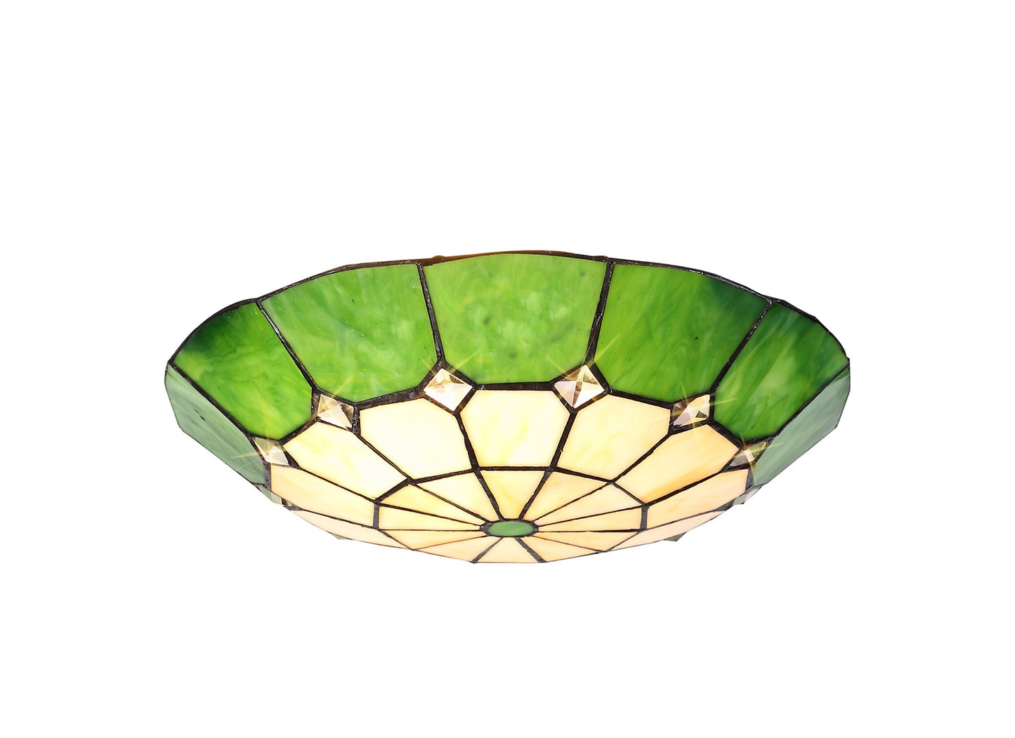 Saltney, Tiffany 35cm Non-Electric Uplighter Shade, Cream and Green and Clear Crystal Centre and Aged Antique Brass Trim