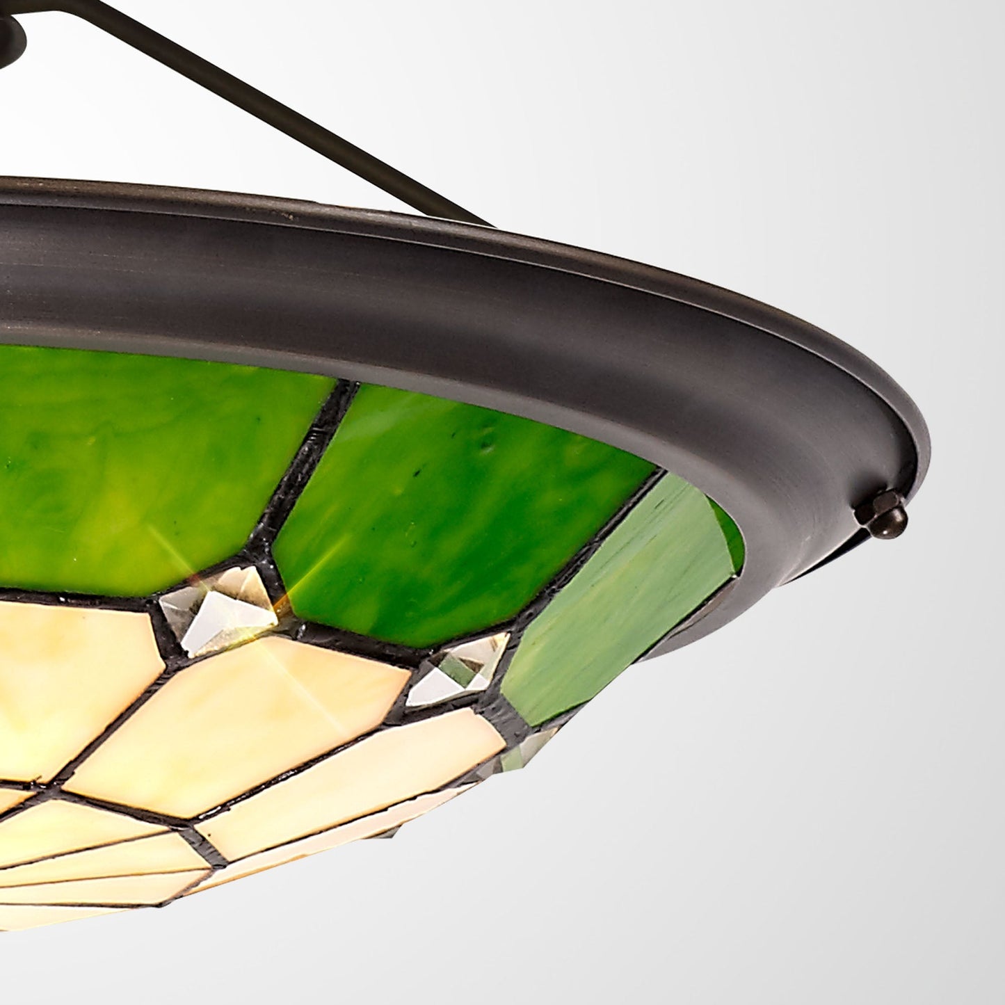 Saltney, Tiffany 35cm Non-Electric Uplighter Shade, Cream and Green and Clear Crystal Centre and Aged Antique Brass Trim