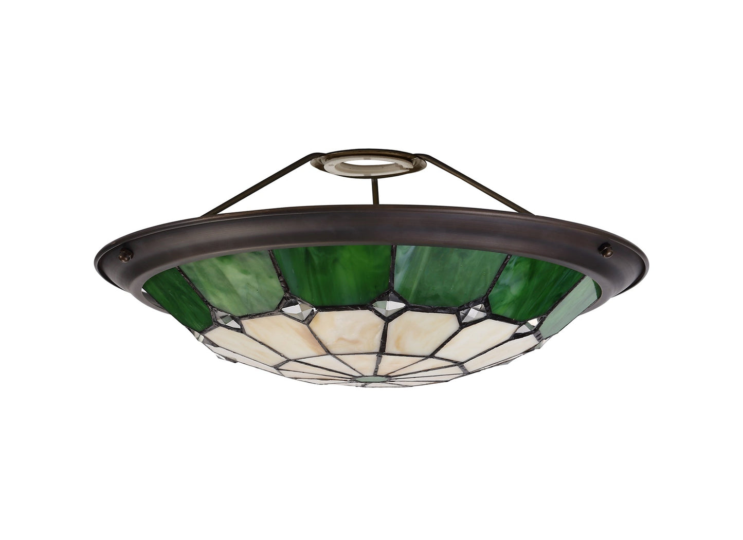 Saltney, Tiffany 35cm Non-Electric Uplighter Shade, Cream and Green and Clear Crystal Centre and Aged Antique Brass Trim