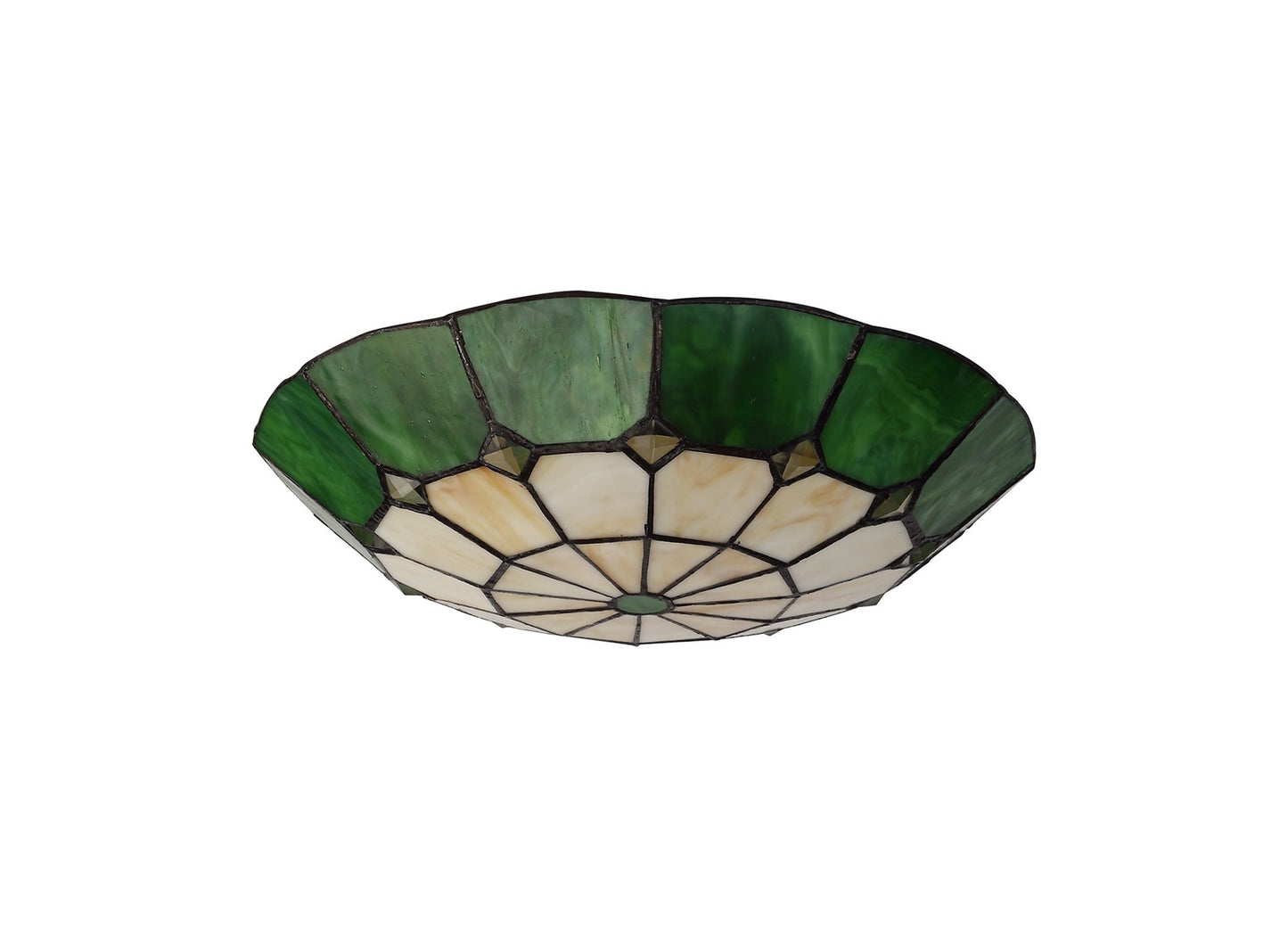 Saltney, Tiffany 35cm Non-Electric Uplighter Shade, Cream and Green and Clear Crystal Centre and Aged Antique Brass Trim