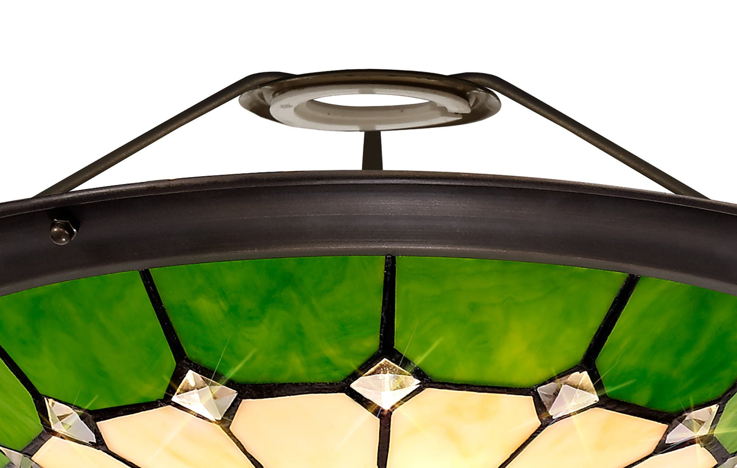 Saltney, Tiffany 35cm Non-Electric Uplighter Shade, Cream and Green and Clear Crystal Centre and Aged Antique Brass Trim
