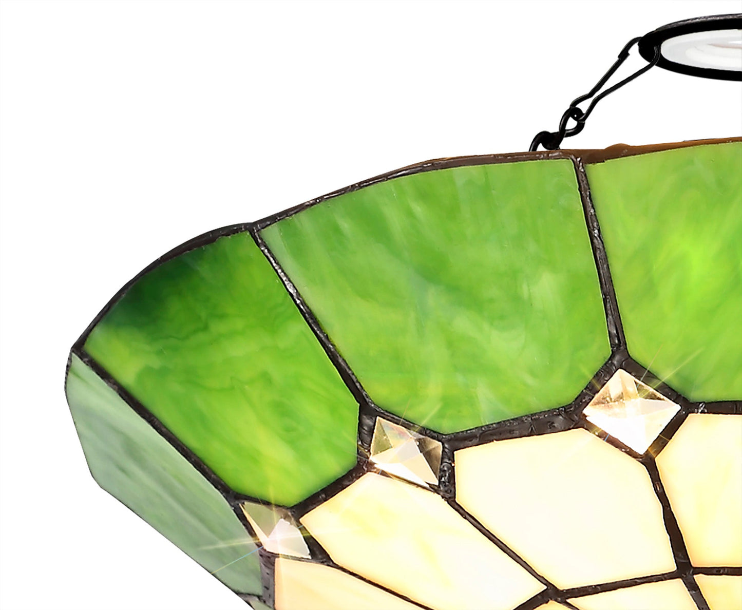 Saltney, Tiffany 35cm Non-Electric Uplighter Shade, Cream and Green and Clear Crystal Centre and Aged Antique Brass Trim