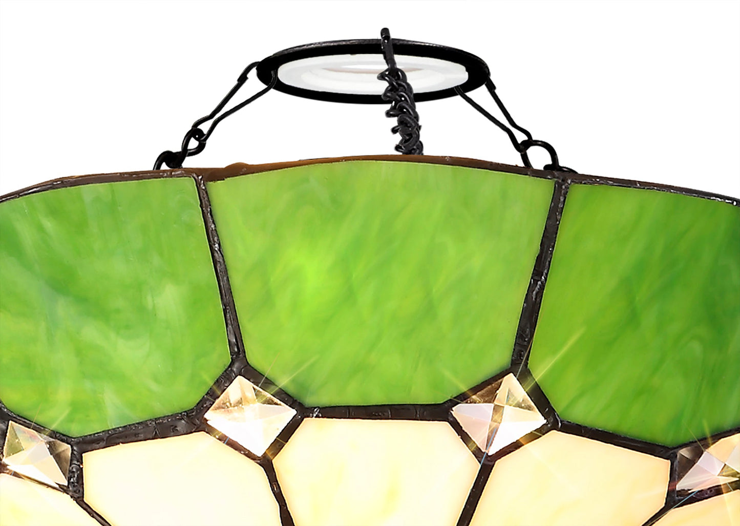 Saltney, Tiffany 35cm Non-Electric Uplighter Shade, Cream and Green and Clear Crystal Centre and Aged Antique Brass Trim