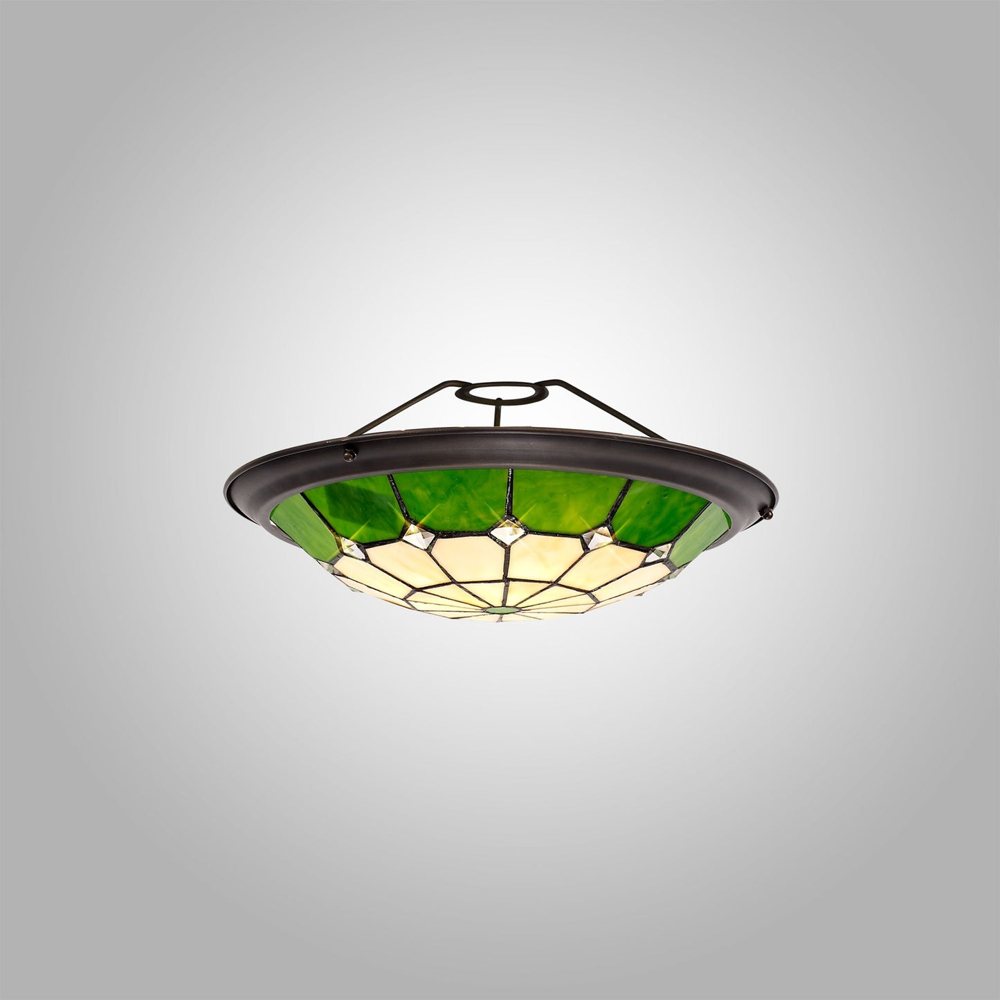 Saltney, Tiffany 35cm Non-Electric Uplighter Shade, Cream and Green and Clear Crystal Centre and Aged Antique Brass Trim