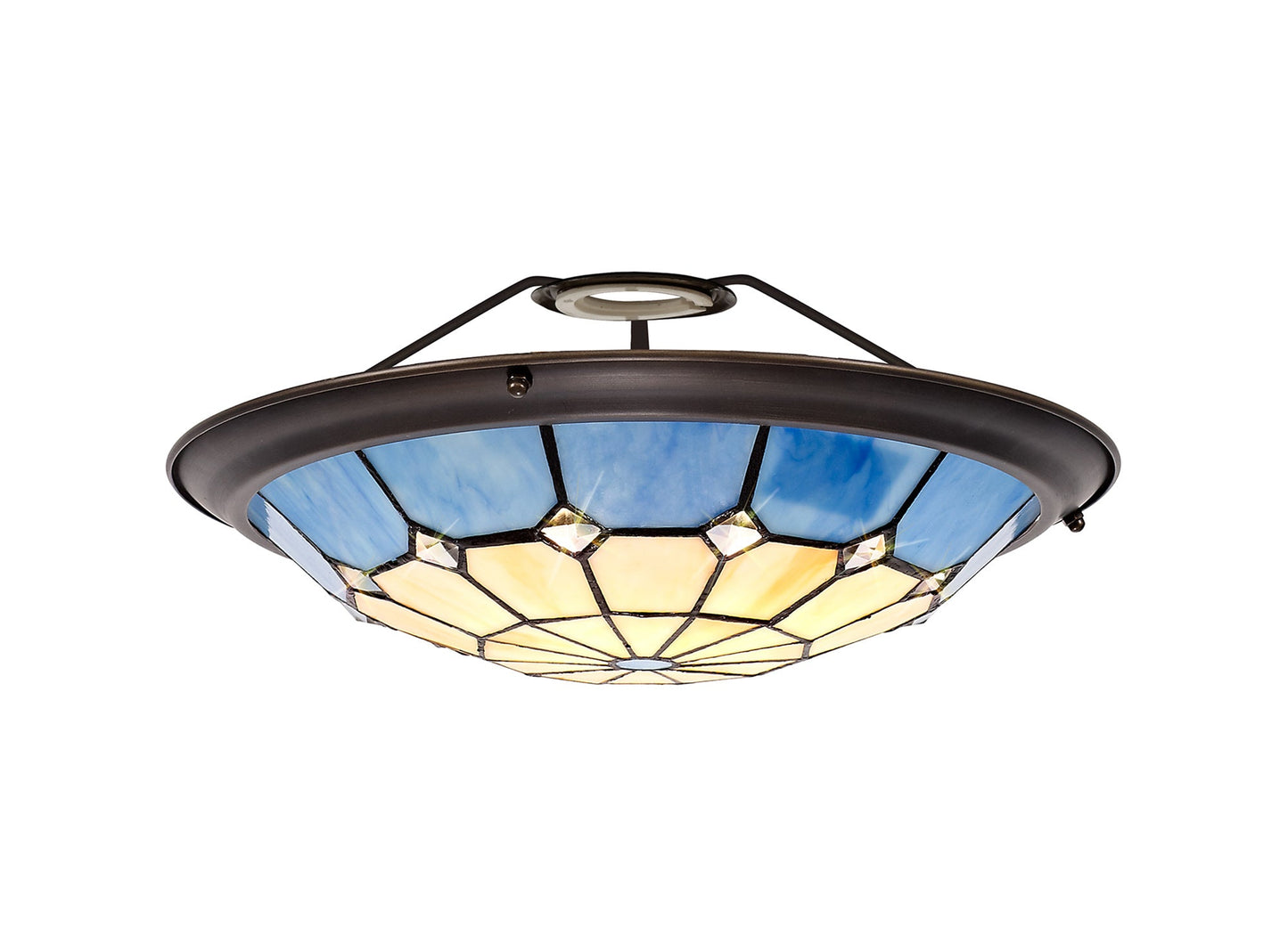 Saltney, Tiffany 35cm Non-electric Uplighter Shade, Cream and Rich Blue and Clear Crystal Centre and Aged Antique Brass Trim