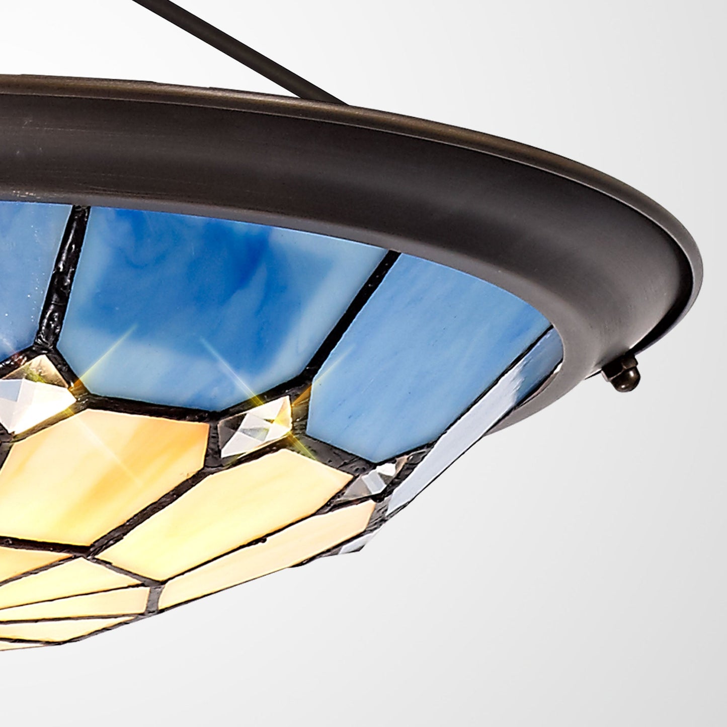 Saltney, Tiffany 35cm Non-electric Uplighter Shade, Cream and Rich Blue and Clear Crystal Centre and Aged Antique Brass Trim