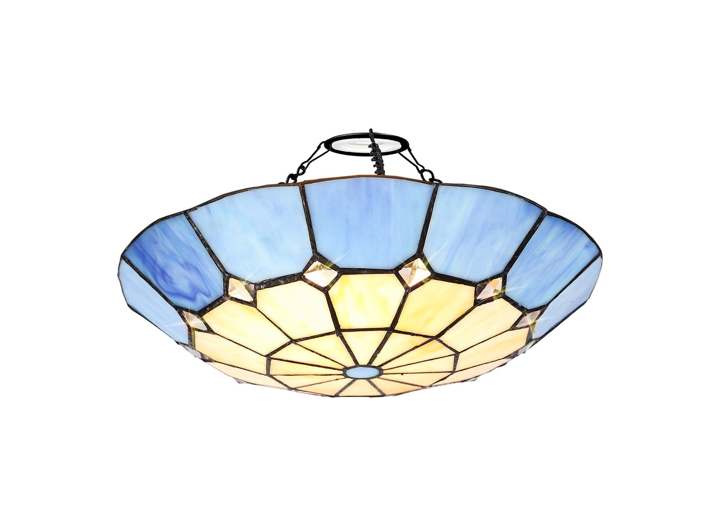Saltney, Tiffany 35cm Non-electric Uplighter Shade, Cream and Rich Blue and Clear Crystal Centre and Aged Antique Brass Trim