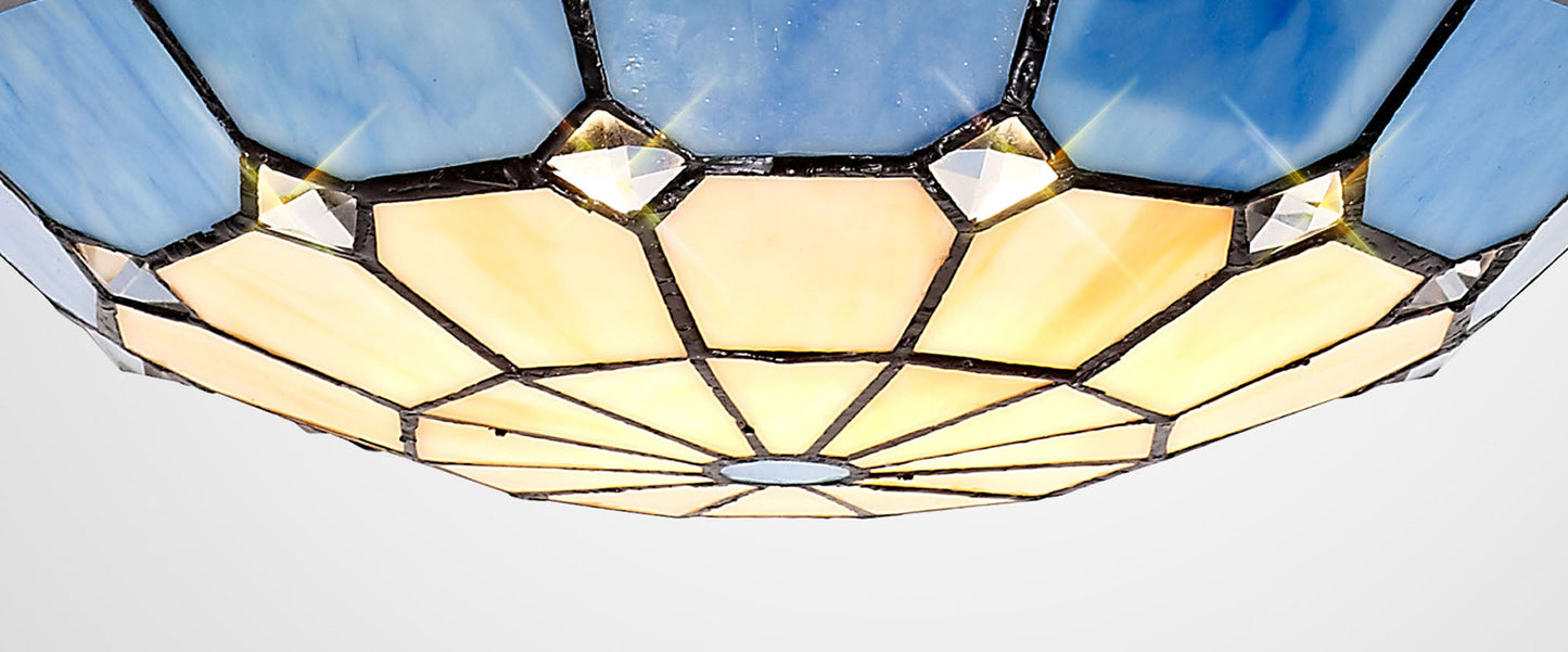 Saltney, Tiffany 35cm Non-electric Uplighter Shade, Cream and Rich Blue and Clear Crystal Centre and Aged Antique Brass Trim