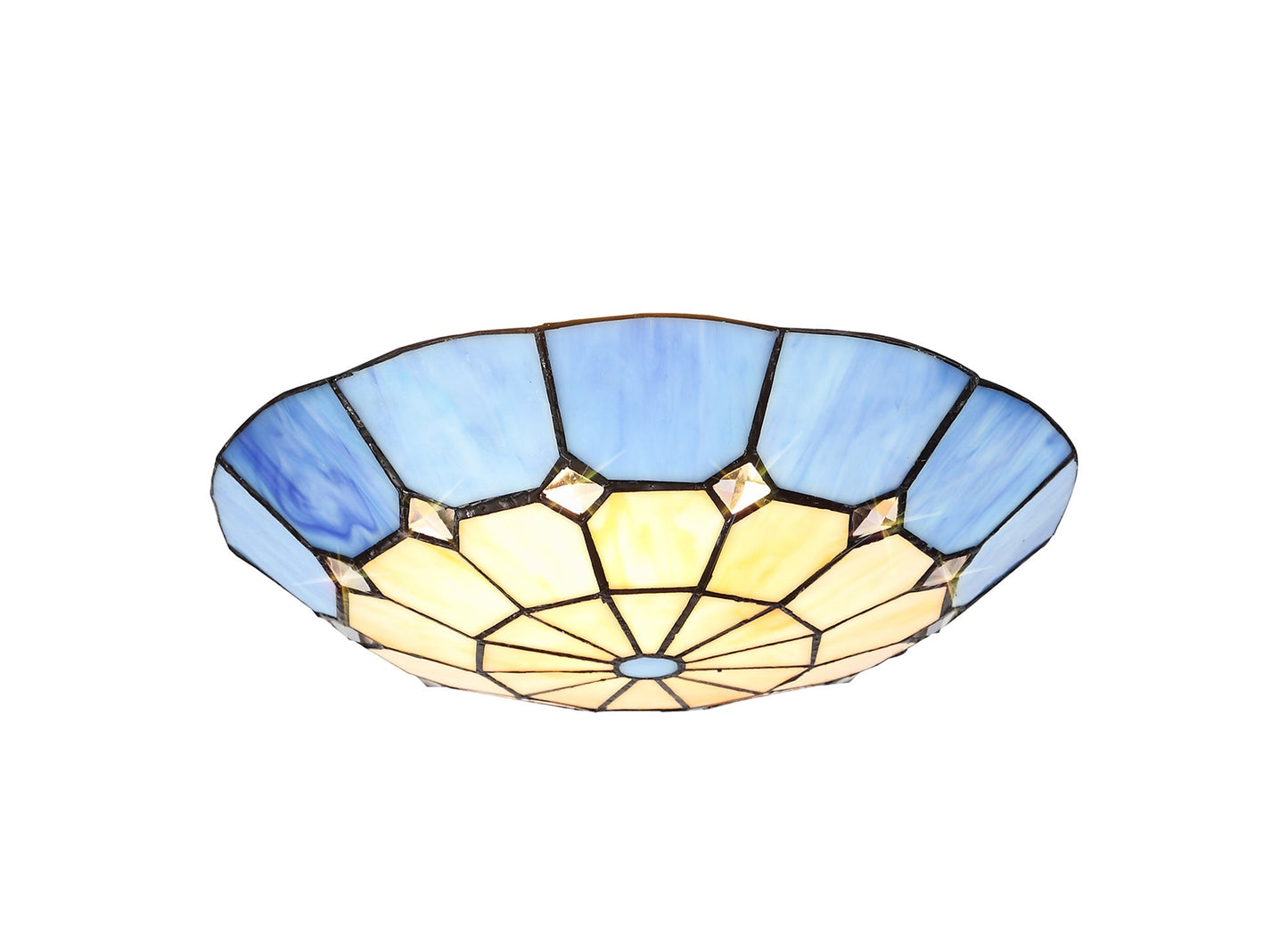 Saltney, Tiffany 35cm Non-electric Uplighter Shade, Cream and Rich Blue and Clear Crystal Centre and Aged Antique Brass Trim