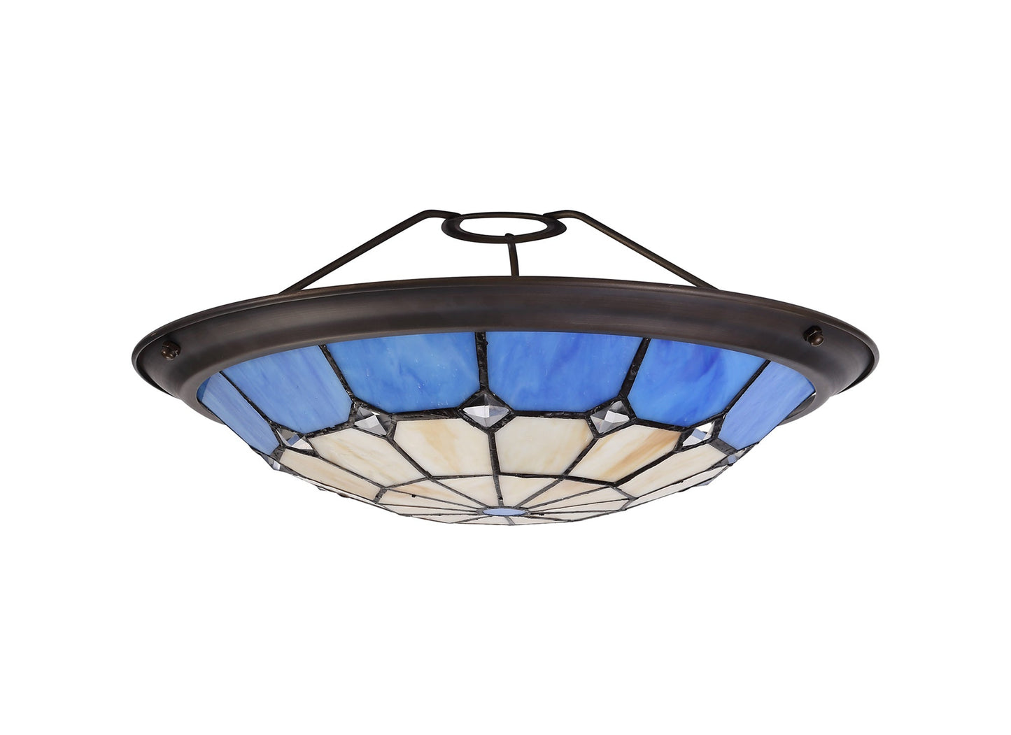 Saltney, Tiffany 35cm Non-electric Uplighter Shade, Cream and Rich Blue and Clear Crystal Centre and Aged Antique Brass Trim