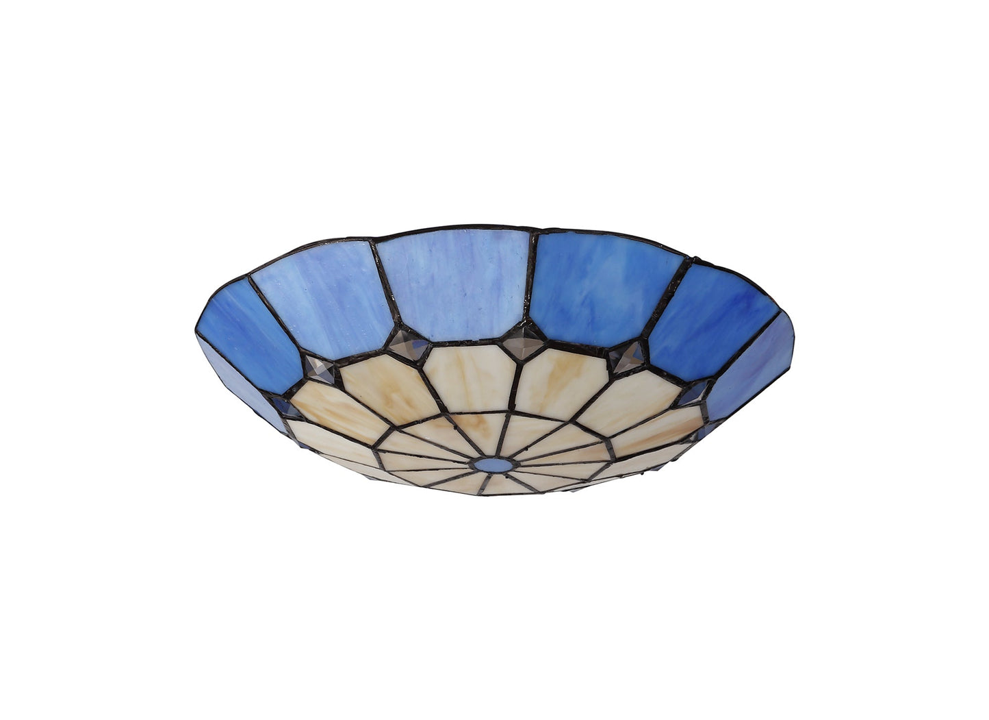 Saltney, Tiffany 35cm Non-electric Uplighter Shade, Cream and Rich Blue and Clear Crystal Centre and Aged Antique Brass Trim