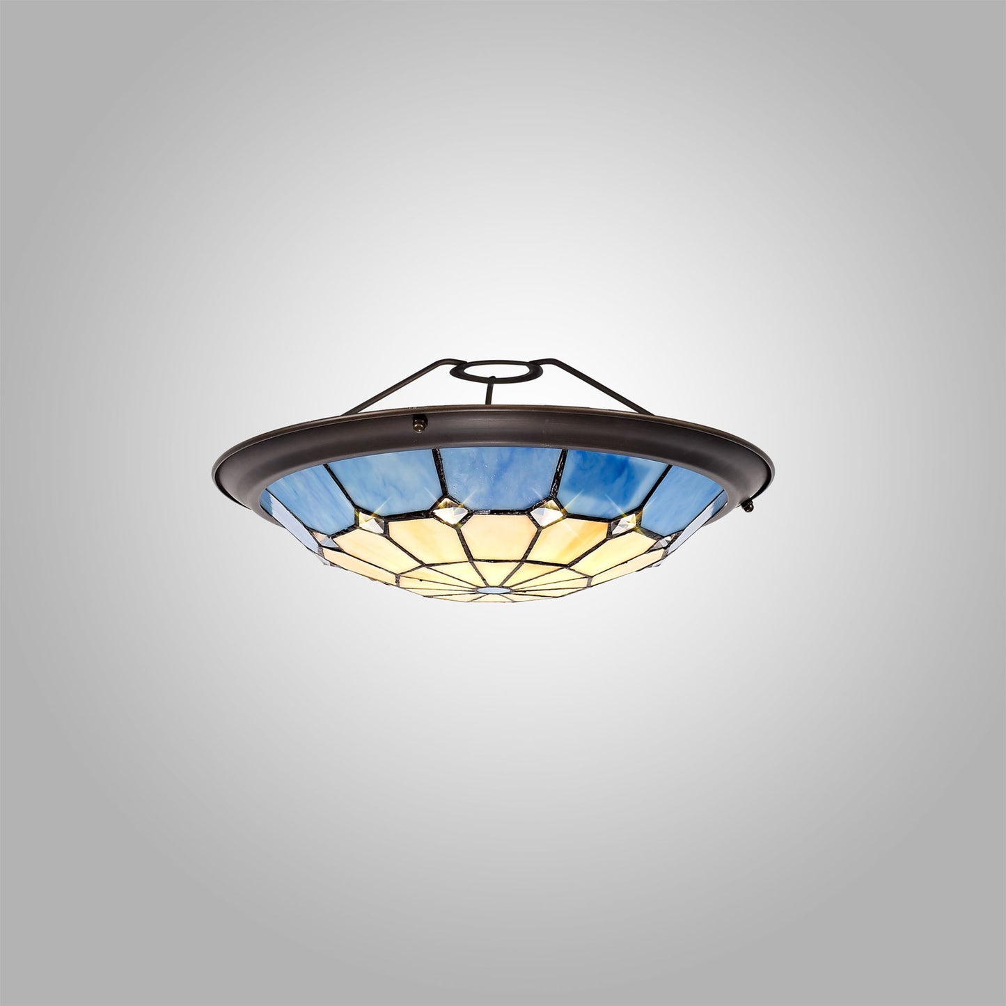 Saltney, Tiffany 35cm Non-electric Uplighter Shade, Cream and Rich Blue and Clear Crystal Centre and Aged Antique Brass Trim