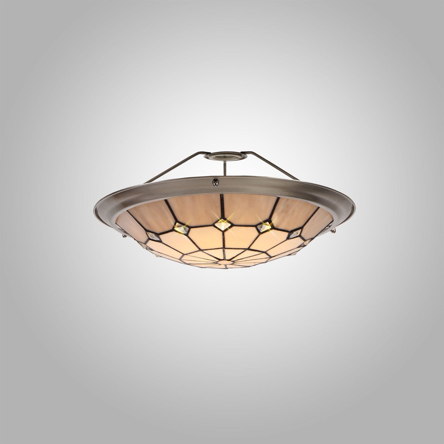 Saltney, Tiffany 35cm Non-electric Uplighter Shade, Cream and Grey and Crystal Centre and Satin Nickel Brass Trim