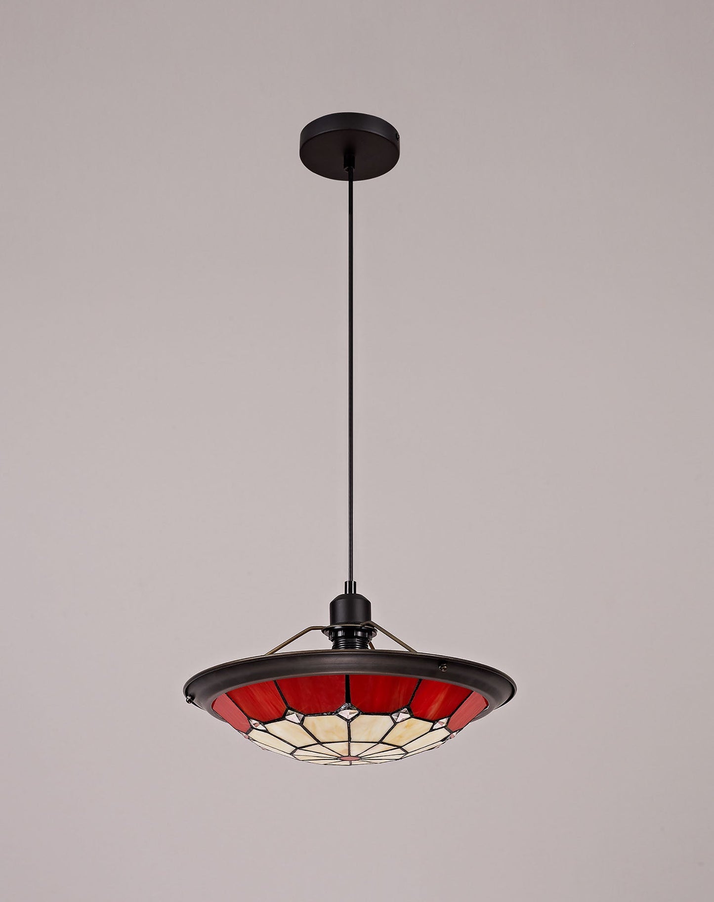 Saltney 1 Light Pendant E27 With 35cm Tiffany Shade, Cream and Red and Clear Crystal Centre and Aged Antique Brass Trim and Black
