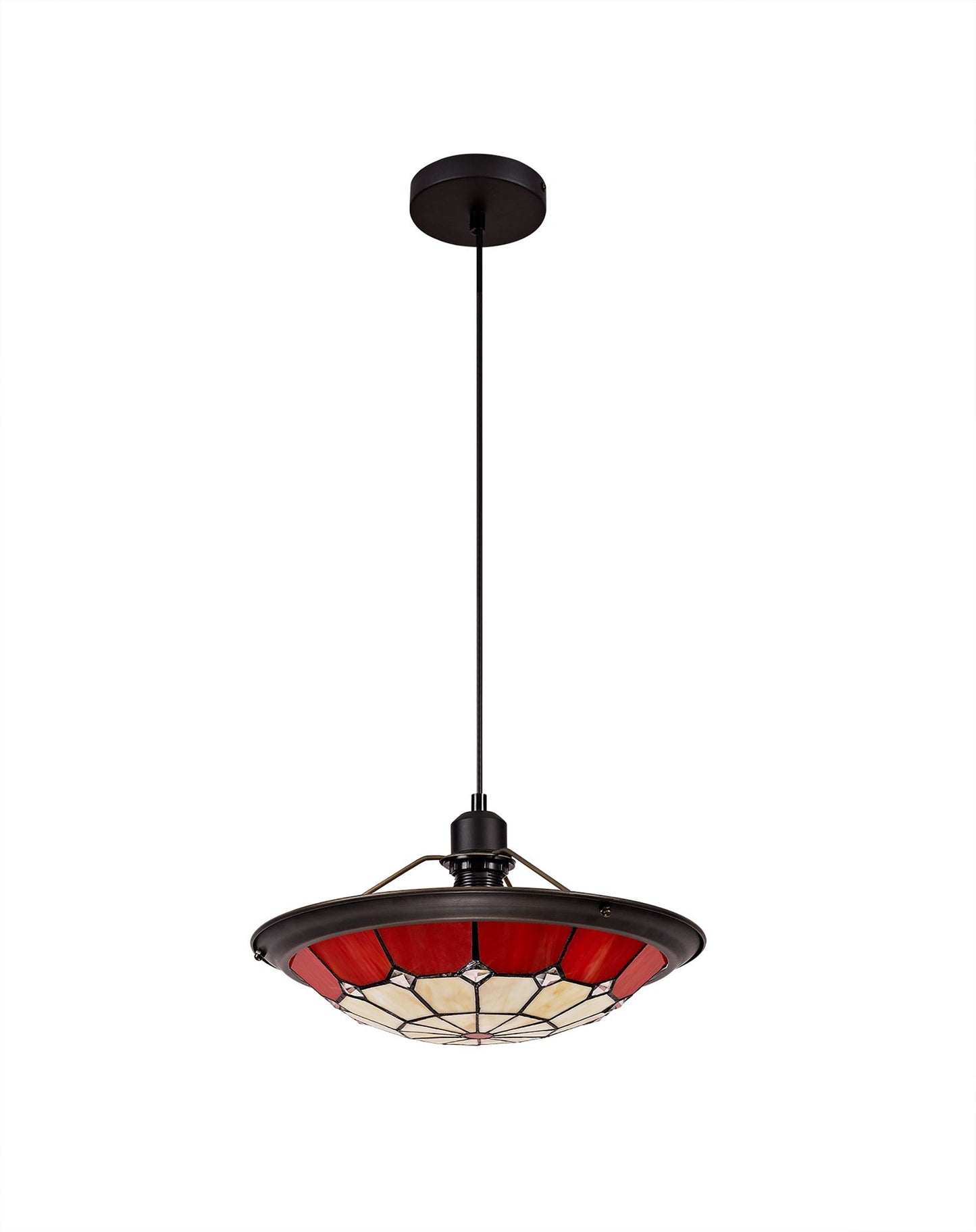 Saltney 1 Light Pendant E27 With 35cm Tiffany Shade, Cream and Red and Clear Crystal Centre and Aged Antique Brass Trim and Black