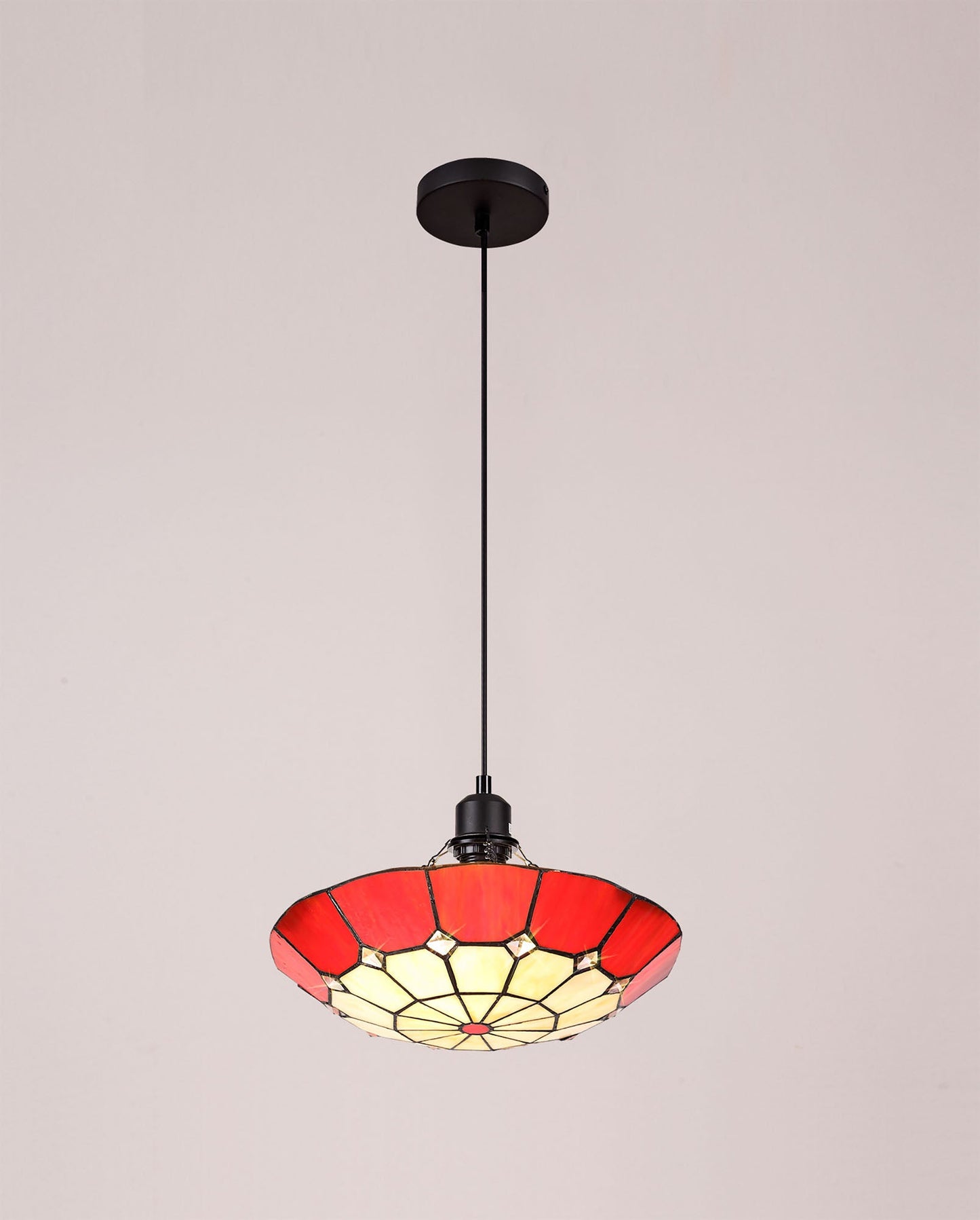 Saltney 1 Light Pendant E27 With 35cm Tiffany Shade, Cream and Red and Clear Crystal Centre and Aged Antique Brass Trim and Black