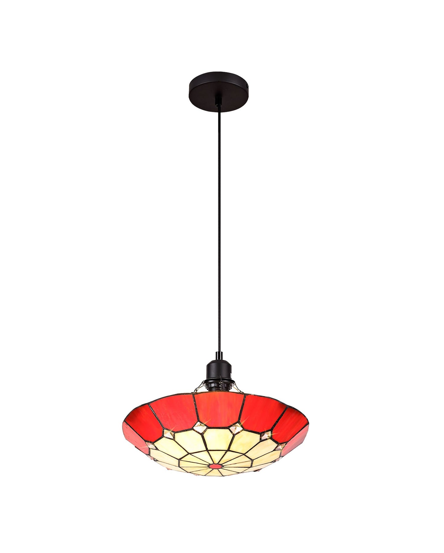 Saltney 1 Light Pendant E27 With 35cm Tiffany Shade, Cream and Red and Clear Crystal Centre and Aged Antique Brass Trim and Black