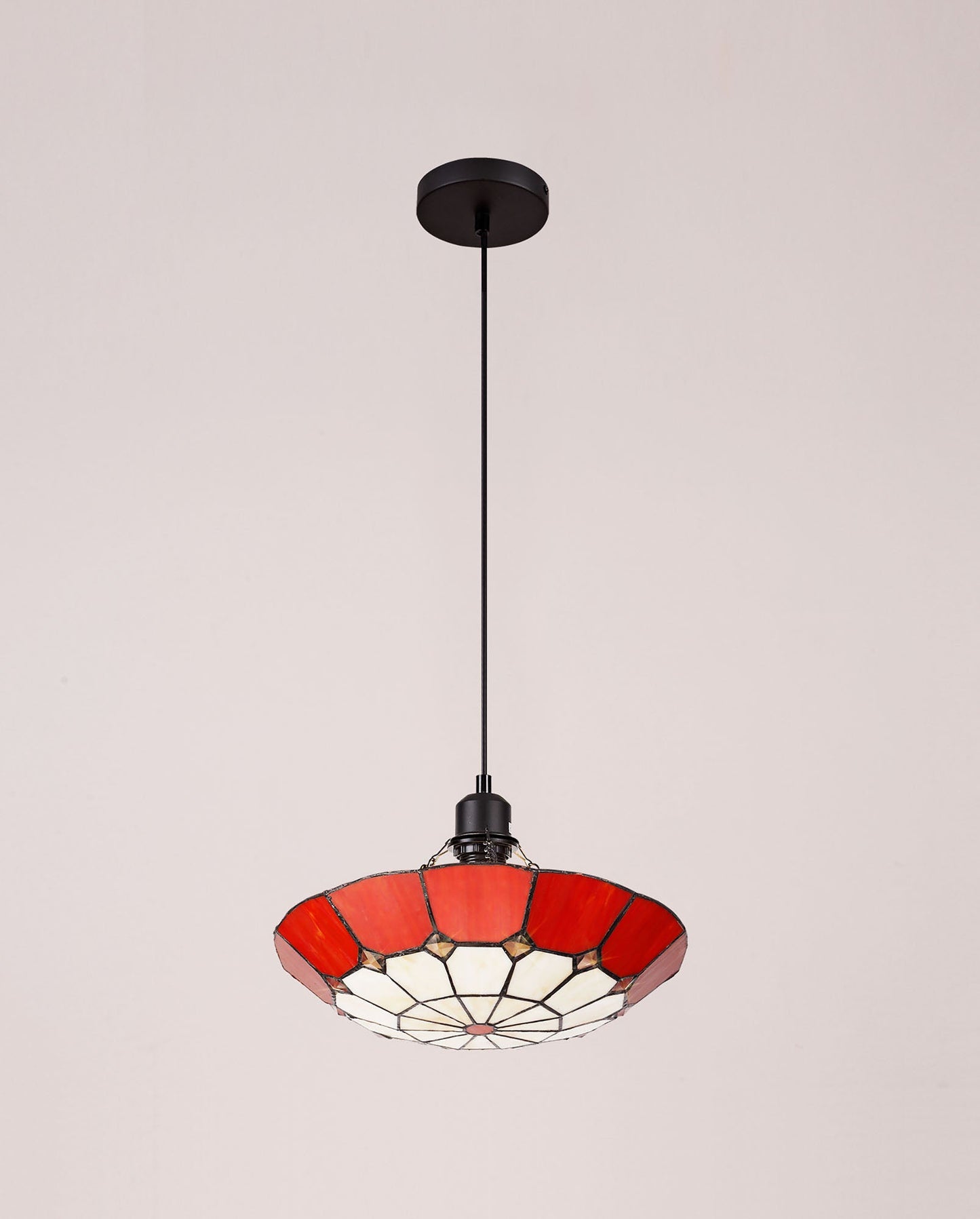 Saltney 1 Light Pendant E27 With 35cm Tiffany Shade, Cream and Red and Clear Crystal Centre and Aged Antique Brass Trim and Black