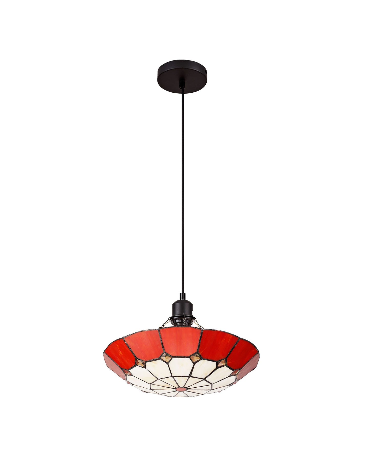 Saltney 1 Light Pendant E27 With 35cm Tiffany Shade, Cream and Red and Clear Crystal Centre and Aged Antique Brass Trim and Black