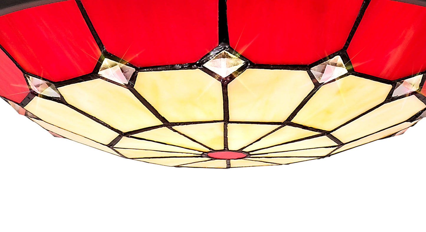 Saltney 1 Light Pendant E27 With 35cm Tiffany Shade, Cream and Red and Clear Crystal Centre and Aged Antique Brass Trim and Black