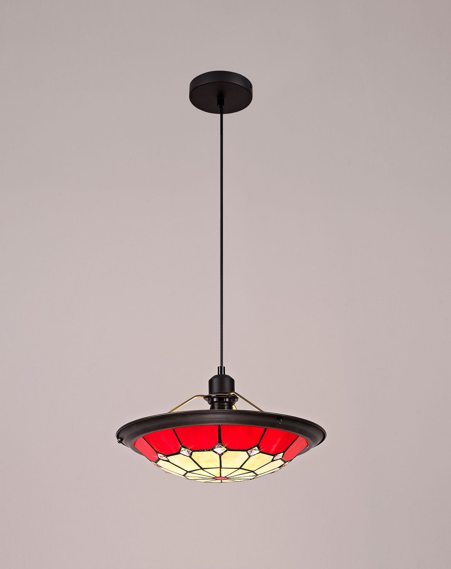 Saltney 1 Light Pendant E27 With 35cm Tiffany Shade, Cream and Red and Clear Crystal Centre and Aged Antique Brass Trim and Black