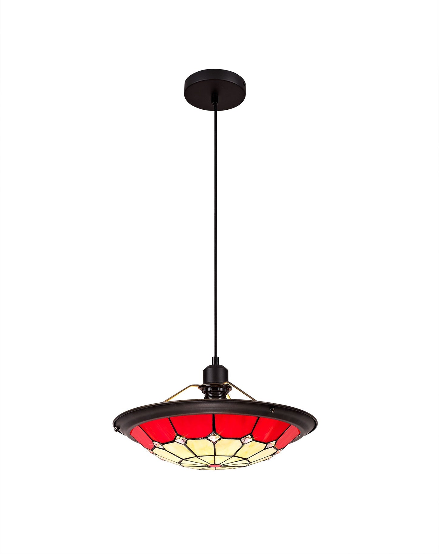 Saltney 1 Light Pendant E27 With 35cm Tiffany Shade, Cream and Red and Clear Crystal Centre and Aged Antique Brass Trim and Black