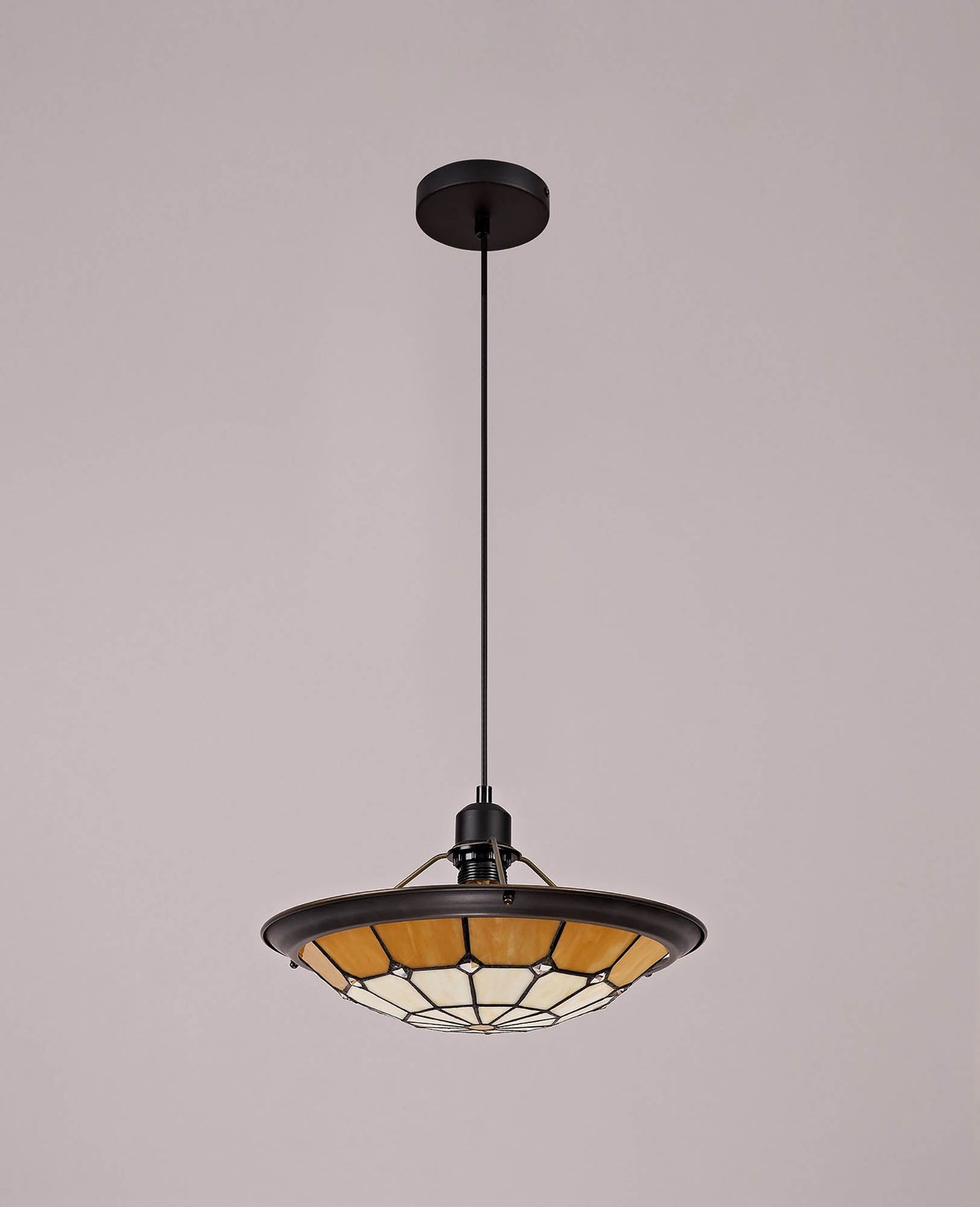 Saltney 1 Light Pendant E27 With 35cm Tiffany Shade, Cream and Beige and Clear Crystal Centre and Aged Antique Brass Trim and Black