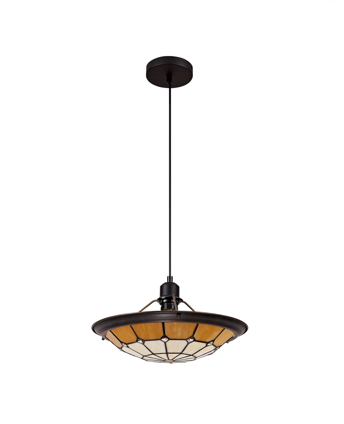 Saltney 1 Light Pendant E27 With 35cm Tiffany Shade, Cream and Beige and Clear Crystal Centre and Aged Antique Brass Trim and Black