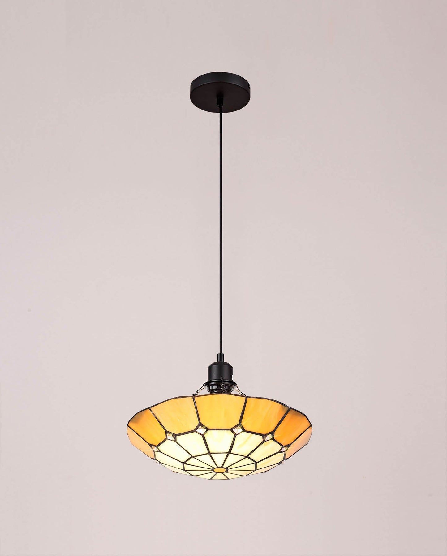 Saltney 1 Light Pendant E27 With 35cm Tiffany Shade, Cream and Beige and Clear Crystal Centre and Aged Antique Brass Trim and Black