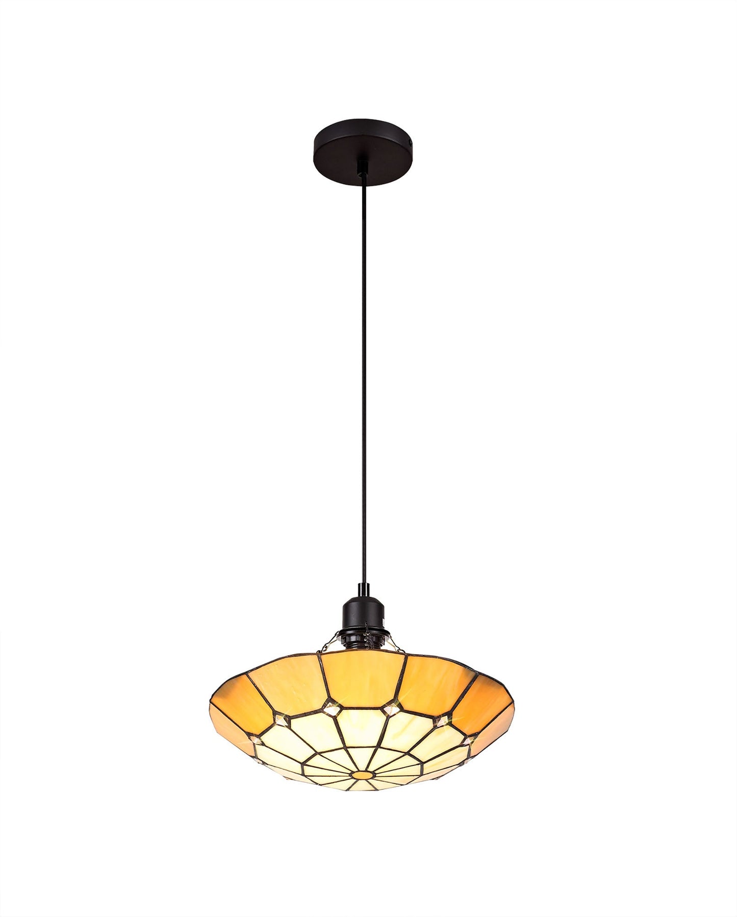 Saltney 1 Light Pendant E27 With 35cm Tiffany Shade, Cream and Beige and Clear Crystal Centre and Aged Antique Brass Trim and Black