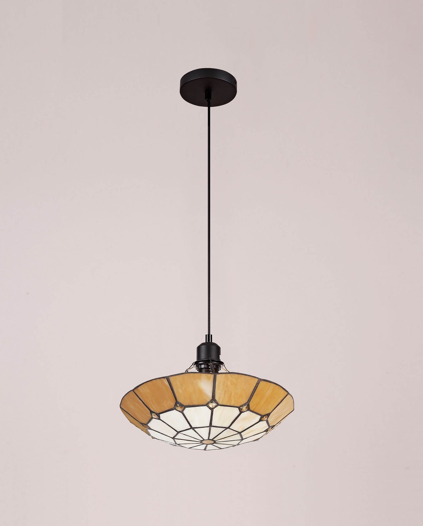 Saltney 1 Light Pendant E27 With 35cm Tiffany Shade, Cream and Beige and Clear Crystal Centre and Aged Antique Brass Trim and Black