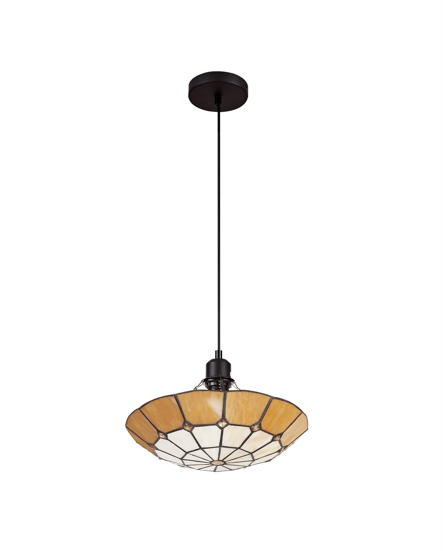 Saltney 1 Light Pendant E27 With 35cm Tiffany Shade, Cream and Beige and Clear Crystal Centre and Aged Antique Brass Trim and Black