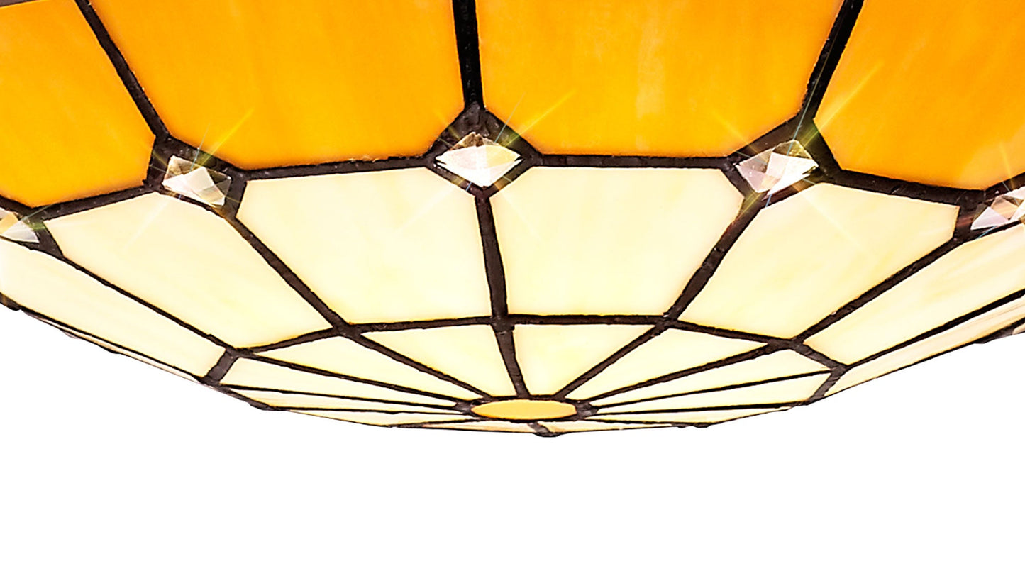 Saltney 1 Light Pendant E27 With 35cm Tiffany Shade, Cream and Beige and Clear Crystal Centre and Aged Antique Brass Trim and Black