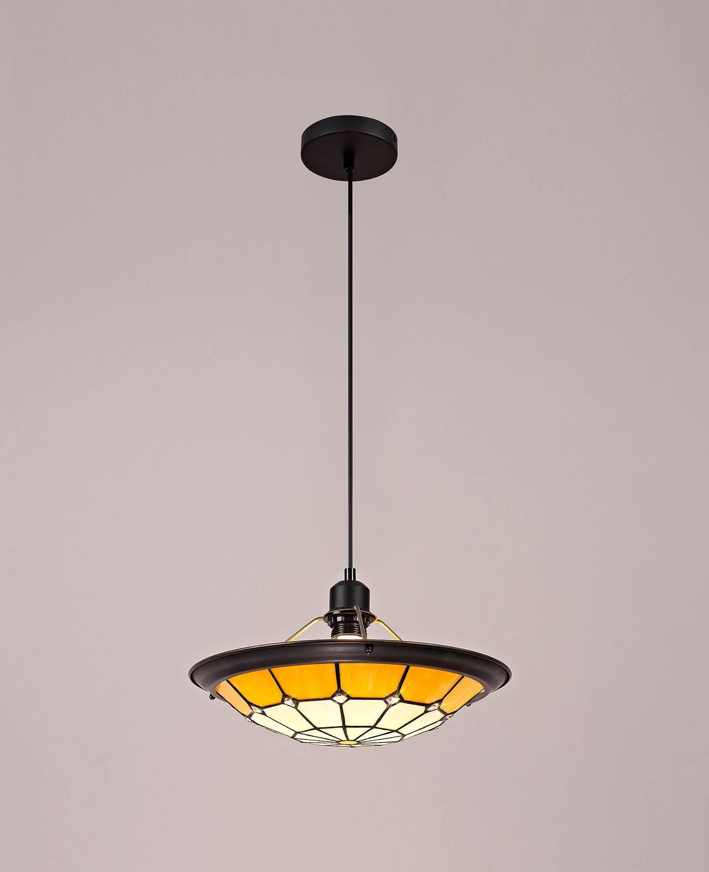 Saltney 1 Light Pendant E27 With 35cm Tiffany Shade, Cream and Beige and Clear Crystal Centre and Aged Antique Brass Trim and Black